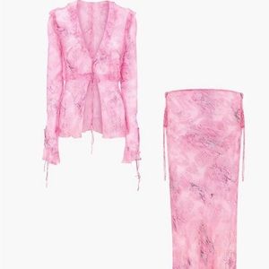 Pink snake skin maxi skirt long sleeve tie top set